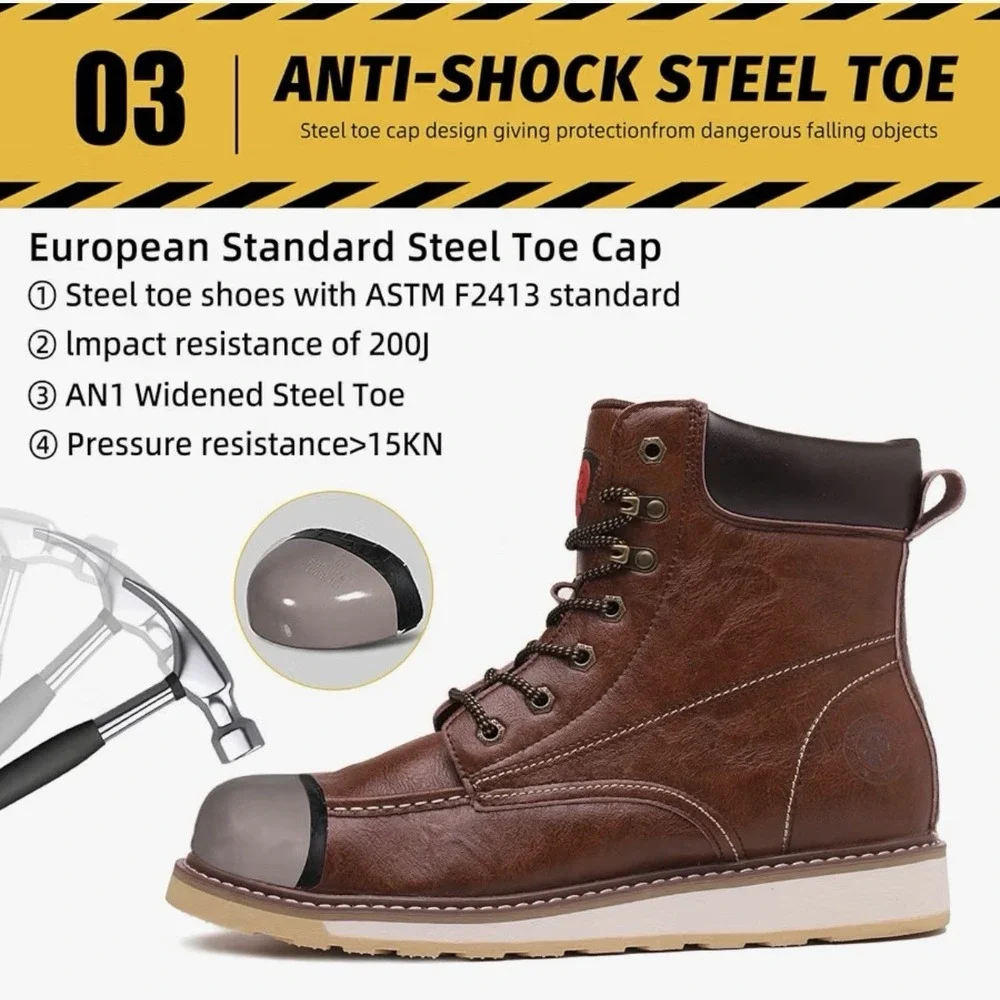 Brown Lace-Up 8.5  Toe Work Boots, Non-Slip Sole, Water-Resistant safety shoes